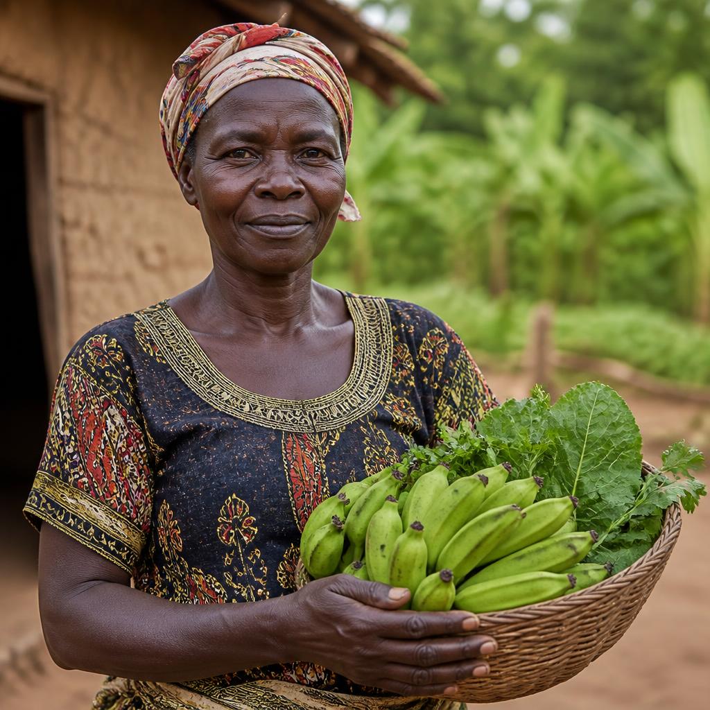 Local Busia farmer holding fresh produce supplied to Burlcore's weekly nutrition programme