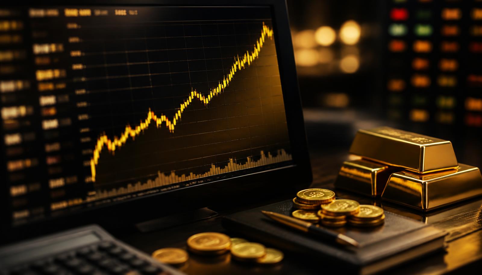 Gold price chart on a financial trading desk