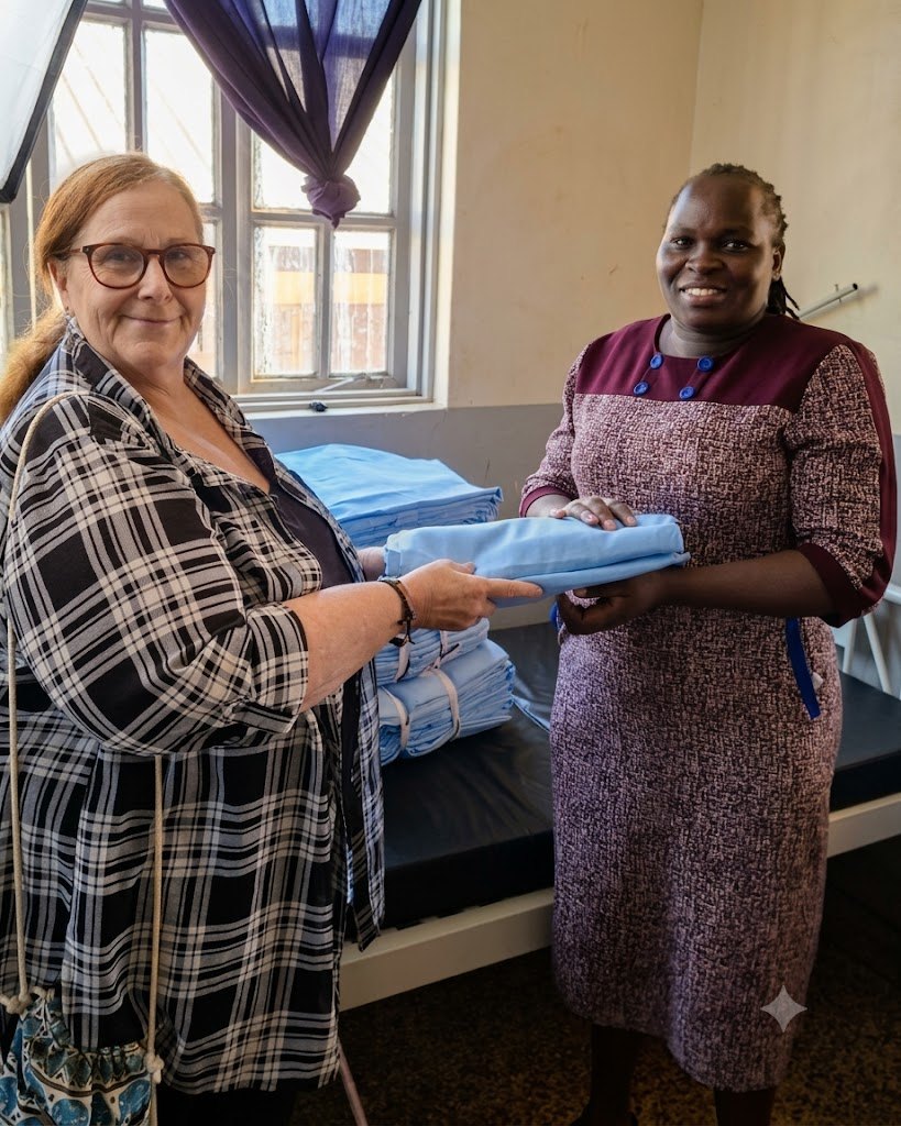Burlcore Foundation team member handing folded maternal bedsheets to a midwife at Busia Health Centre IV