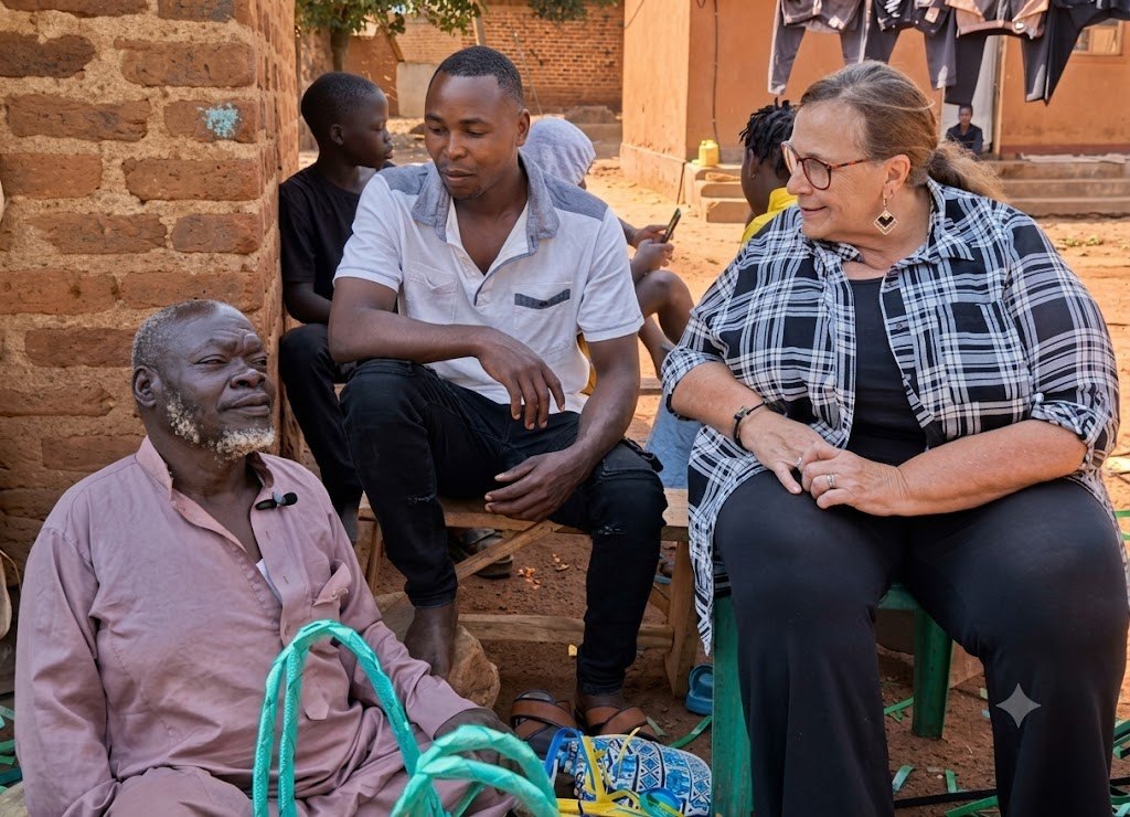Burlcore Foundation team meeting Issa to plan his new basket shop in Busia